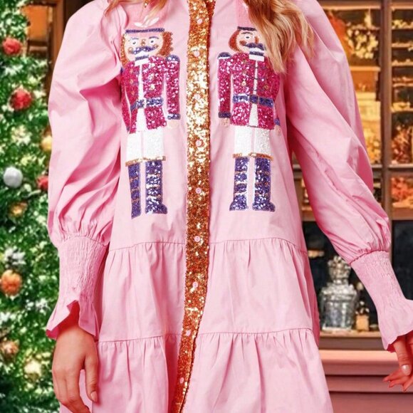 Pink Women's Sparkly Christmas nutcracker Sequin long sleeved Swing mini Dress - Picture 1 of 4